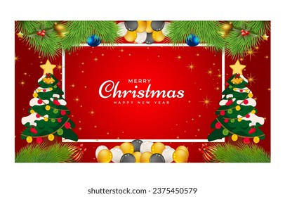 Merry Christmas and Happy New Year. Xmas background banner with
 Christmas flower, tree, star, balls and golden decoration design.