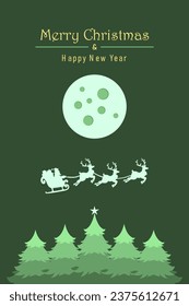 Merry Christmas and happy new year simple background with Santa Claus flying on the sky in sleigh with reindeer at night with full moon, snow, and Christmas trees. Vertical vector illustration.