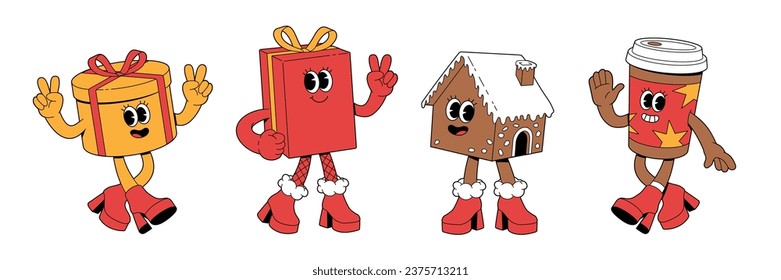 Merry Christmas and Happy New year characters. Gift box gingerbread coffee in trendy groovy retro cartoon style. Sticker pack of comic characters.