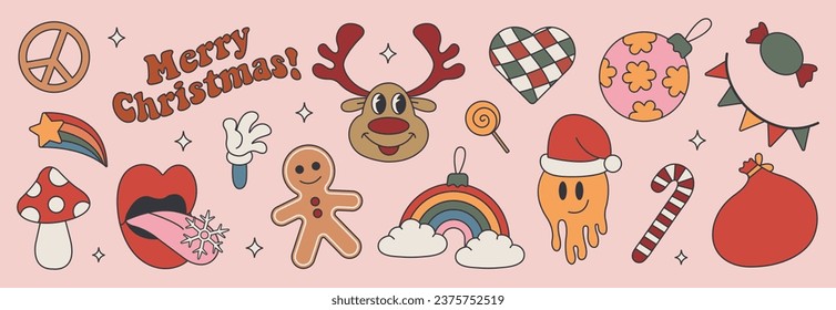 Merry Christmas and Happy New year in trendy groovy hippie style. Groovy christmas set, collection of trendy retro hippie stickers. Christmas tree, gifts, rainbow, peace, gingerbread