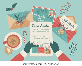 Merry Christmas and Happy New Year concept. Santa reading letter on Christmas eve. Top view table with decorated letters, tea cup, cookies, candy, lmistletoe branch. Flat lay vector illustration