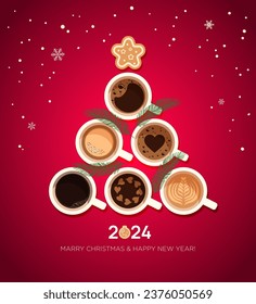 Merry Christmas and Happy New Year 2024. Vector banner, poster, advertisement, flyer. Funny cute Christmas tree made from top view coffee cups, fir branches, gingerbread cookies. Coffee shop, cafe.