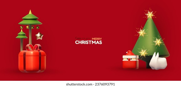 Merry Christmas and Happy New Year design template with gift box, snowflake and Santa Claus. Happy holidays. Special season offer
