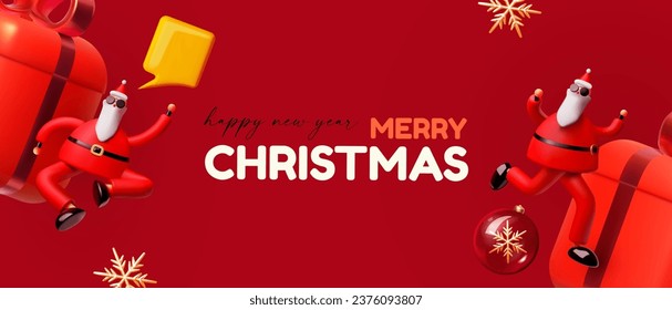 Merry Christmas and Happy New Year design template with gift box, snowflake and Santa Claus. Happy holidays. Special season offer