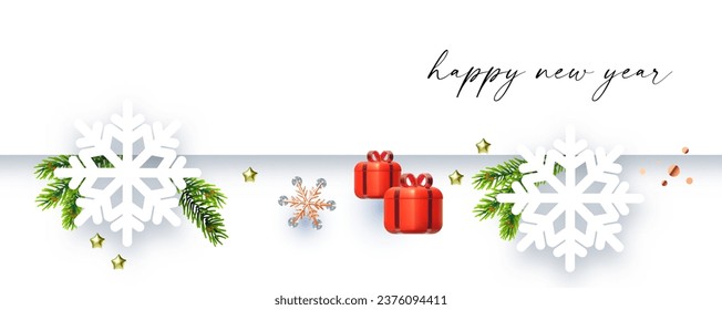 Merry Christmas and Happy New Year flyer template set. 3D and paper design. Season winter offer