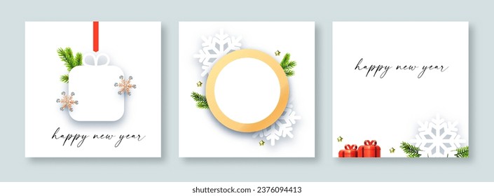 Merry Christmas and Happy New Year flyer template set. 3D and paper design. Season winter offer