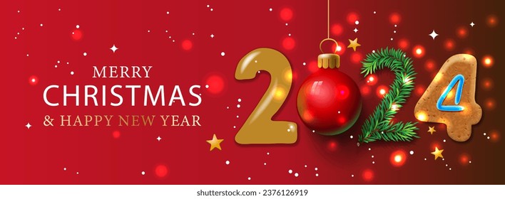 Merry Christmas and Happy New Year 2024 banner. Horizontal Christmas posters, cards, headers, website. Vector illustration
