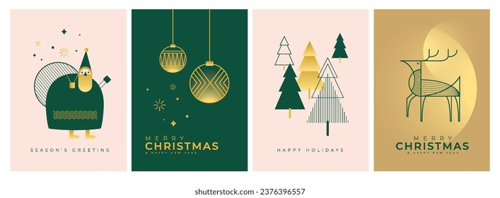 Merry Christmas and Happy New Year illustration of gold luxury christmas pine tree frame with geometric art deco style element for elegant holiday celebration.