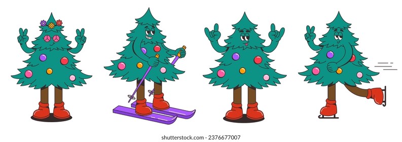 Merry Christmas and Happy New year set of funny retro cartoon Christmas tree characters. Vintage Christmas mascot in groovy hippie style. Nostalgic Festive holiday season concept. Vector illustration