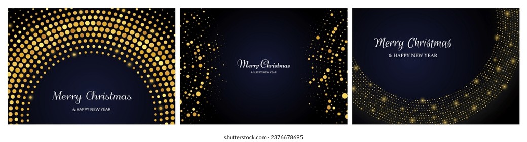 Merry Christmas and Happy New Year backdrops with gold glitter pattern in circle form. Set of abstract gold glowing halftone dotted backgrounds for Christmas holiday greeting card on dark background