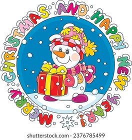 Merry Christmas and happy New Year card with a funny toy snowman holding a holiday gift box with a ribbon and a bow, vector cartoon illustration isolated on a white background
