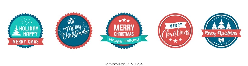 Merry Christmas and Happy New Year celebration badges. Holiday sticker badges with ribbon. Christmas and New Year labels