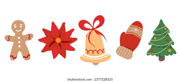 Merry Christmas and Happy New Year icons set, collection of winter theme icons. Glove, bell, holly, biscuit. Vector isolated illustration.	