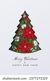 Merry Christmas and Happy New Year card with photorealistic Poinsettia flowers with holly, fir and cottonwood branches under paper cut in the shape of a Christmas tree on a light background