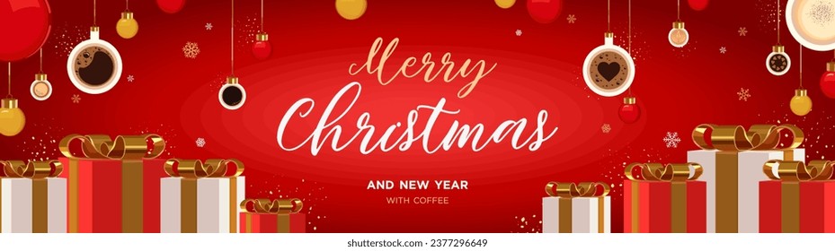 Merry Christmas and Happy New Year with coffee. Promotional poster or banner with red gift box and coffee as a Christmas element for retail, shopping or Christmas promotion in red and gold style. Cafe