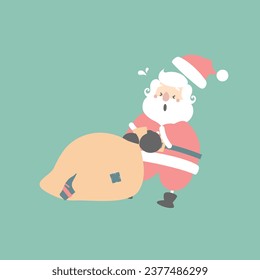 merry christmas and happy new year with cute santa claus and present gift bag in the winter season green background, flat vector illustration cartoon character costume design