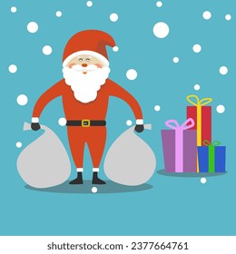 Merry Christmas ,happy new year with Smiling Santa Claus,Sack,Gift Box and falling snow background. Vector illustration.