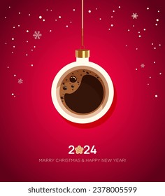 Merry Christmas and Happy New Year 2024. Vector banner, poster, advertisement, flyer. Funny cute Christmas ball  made from top view coffee cup, falling snowflakes. Coffee shop, cafe. 10 EPS