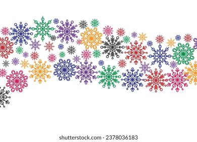 Merry Christmas and Happy New Year festive design with border made of beautiful snowflakes in modern line art style