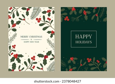 Merry Christmas and Happy New Year greeting card. Holiday winter season poster with foliage and floral frame on background. Invitation card, flyer, cover, leaflet. Simple flat vector illustration