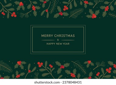 Merry Christmas and Happy New Year template. Holiday banner with winter foliage and floral frame on background. Invitation or greeting card, cover, flyer, poster. Flat vector illustration