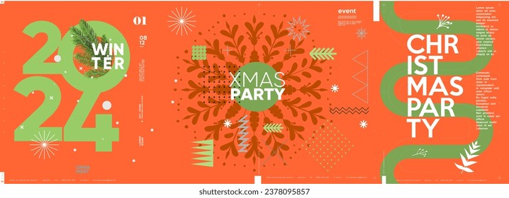 Merry Christmas and Happy New Year! 2024. Modern minimalistic Christmas banner. Vector illustration with elements of typography. Vector geometric objects, snowflakes, fir branches, Christmas symbols.