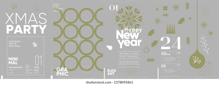Merry Christmas and Happy New Year! 2024. Modern minimalistic Christmas banner. Vector illustration with elements of typography. Vector geometric objects, snowflakes, fir branches, Christmas symbols.