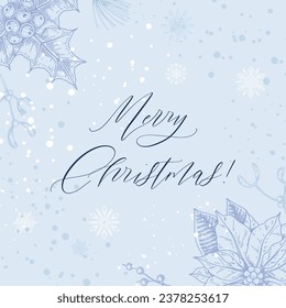 Merry Christmas and Happy New year blue square greeting card. Social media post template. Hand drawn sinter festive background with sketch botany elements. Engraving vector illustration