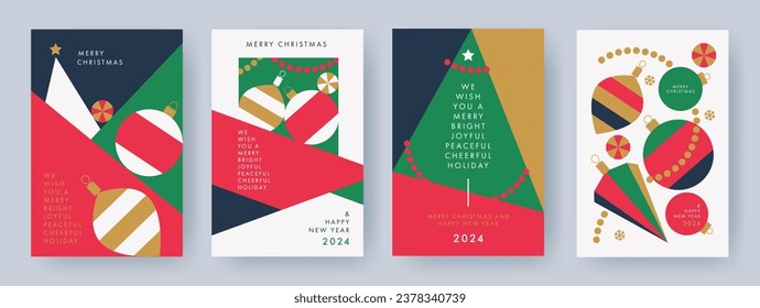 Merry Christmas and Happy New Year greeting card Set. Modern Xmas geometric design with typography, beautiful Christmas tree, ball, snowflake, garland pattern. Minimal banner, poster, cover templates