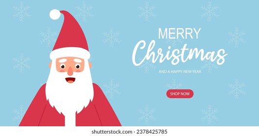 Merry Christmas and Happy New Year banner with cute smiling Santa Claus character. Holiday card, blue banner, web poster. Cartoon flat vector illustration