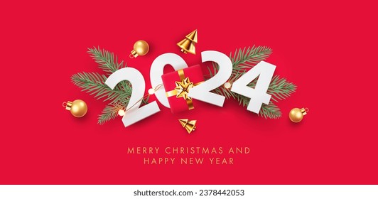 Feliz Navidad y Feliz Año Nuevo con números realistas de papel 2024, caja de regalo, árbol de Navidad cónico dorado, ramas de bola y abeto en rojo. Tarjeta de saludo, afiche, volante, banner, encabezado web