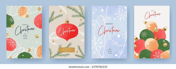 Feliz Navidad y feliz juego de tarjetas de felicitación de Año Nuevo. Diseño moderno de doodles de arte navideño con tipografía, hermoso árbol y bolas navideños, patrón de copos de nieve. Banner mínimo, carteles, plantillas de portada