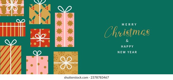 Merry Christmas and Happy New Year banner. Trendy modern geometric design with Christmas trees on red background. Horizontal poster, holiday cover, greeting card. 