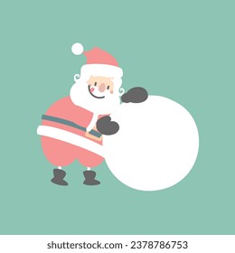 merry christmas and happy new year with cute santa claus making rolling snowball in the winter season green background, flat vector illustration cartoon character costume design