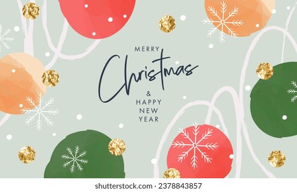 Merry Christmas and Happy New Year greeting card. Modern Xmas art doodle design with typography, beautiful Christmas balls and snowflakes pattern. Minimal banner, layout, poster, cover template