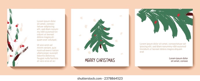 Merry Christmas and Happy New Year social media post templates. Winter holidays square greeting card design set. Xmas sale banner, festive background. Hand drawn cartoon vector illustration