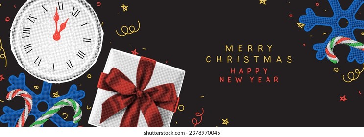 Merry Christmas and Happy New Year banner. Vector illustration with halftone Christmas items and hand drawn doodles. Decorative halftone gift box, candy canes, snowflakes, wall clock. Holiday decor.