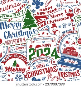 Merry Christmas and Happy New Year 2024 seamless pattern with snowflakes, hanging Christmas ball, Santa Claus, snowman, candy. Vector illustration. Christmas background with new year sticker