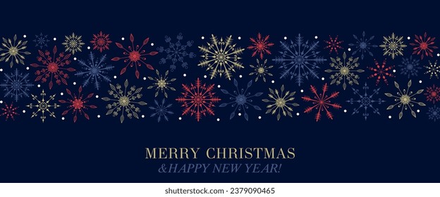 Merry Christmas and Happy New Year Holiday Background. Winter Festive Snowflakes Banner Design. Hand Draw Snowflakes Background. Christmas Ornament with Falling Snow. Vector Illustration. 