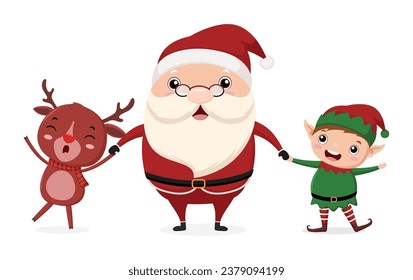 Merry Christmas and happy new year greeting card with cute Santa Claus, elf and deer cartoon