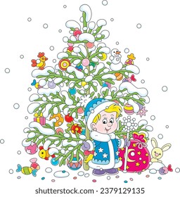 Merry Christmas and happy New Year card with a little granddaughter of Grandfather Frost with a gift bag, a magical staff and a decorated fir tree, vector cartoon illustration