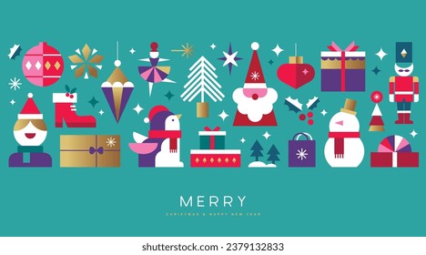 Merry Christmas and Happy New Year 2024 vector illustration for greeting cards, posters, holiday covers in modern minimalist geometric style.