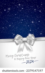 Merry Christmas and Happy New Year 2024 card with silver bow, snowflakes and shiny stars - vector illustration