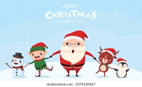 Merry Christmas and happy new year greeting card with cute Santa Claus, elf, snowman and deer cartoon