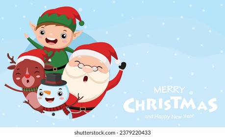 Merry Christmas and happy new year greeting card with cute Santa Claus, elf, snowman and deer cartoon