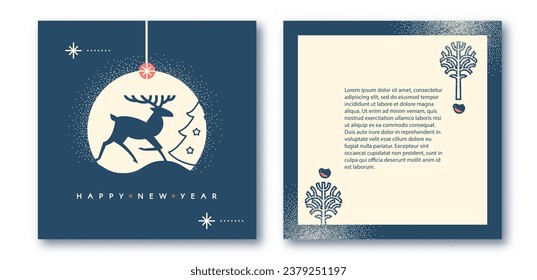 Merry Christmas and Happy New Year flyer and card template set with running Christmas deer. Season winter offer. Minimal landscape