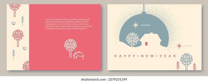 Merry Christmas and Happy New Year flyer and card template set. Season winter offer. Minimal landscape