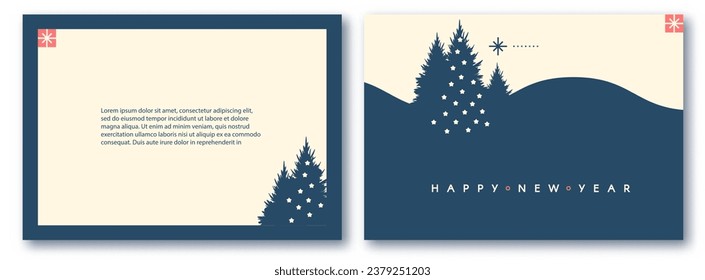 Merry Christmas and Happy New Year flyer and card template set with Christmas trees. Coniferous forest. Fir tree. Season winter offer. Minimal landscape