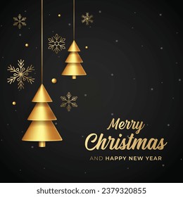 Merry Christmas and Happy New Year Text Luxury Vector Illustration. Christmas Social Media Post with Golden Christmas Trees and Snowflakes