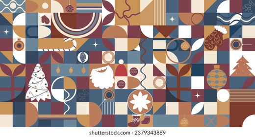 Merry Christmas and happy New Year holiday geometric pattern design for banner, background in retro style. multi colors Vector illustration